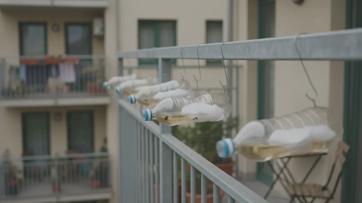 Essigflaschen mit Watte am Balkon wirken seltsam, doch dieses Mittel wird gegen ein hartnäckiges Problem empfohlen
