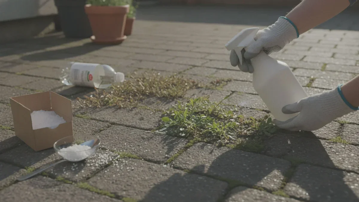Ein gewöhnliches Küchenprodukt schlägt Essig beim Entfernen von Unkraut auf der Terrasse